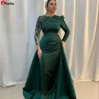 2022 Hunter Green Muslim Abendkleider mit Detretrungsabel Zug Realbild Langarm Aso Ebi Afrikanische Perlenfleck Kaftan Prom Kleider WJY591