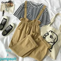 Women Sets Striped Short Sleeve T-shirt and Suspender Jumpsuit Bow High Elastic Waist Drawstring Sweet Female Leisure Chic New Y0625