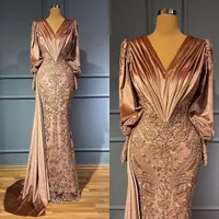 Dark Brown Mermaid Evening Pageant Dresses with Side Train 2022 Long Sleeve Velvet Lace African Arabic Aso Ebi Prom Gowns
