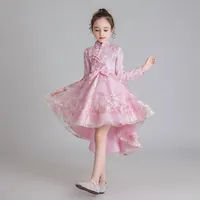 Abiti casual Bambini Asmetrici ragazze rosa floreale cheongsam ricamo ricamo festa di compleanno vestito mandarino colletto cinese qipao wecy