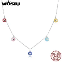 Wostu 925 Sterling Silver Guardian Eye Colorido esmalte de enlace de cadena larga collar para mujeres Joyería de moda CQN463