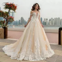 Ball Gown Wedding Dresses Bridal Gowns Lace Appliqued Beaded lace up back Chapel Train WeddingDresses