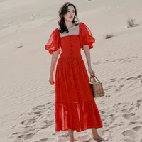 가운 우아한 해변 드레스 여성의 여름 광장 콜로루 싱글 브레스트 허리 짧은 퍼프 슬리브 중간 - 송아지 드레스 210510
