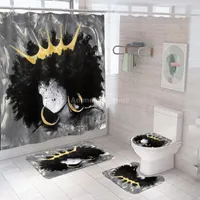 Cool Girl Crown Shower Curtain Black African Style Badrumsgardin Baduppsättningar Toalettbeläggning Mat Non-Slip Washroom Rug Set gåva