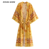 Frauen Blusen Hemden Böhmen V-ausschnitt Gold Blumendruck Maxi Lange Kimono Strickjacke Ethnische Frauen Schnürung Bogen Schärpen Hemd Boho L