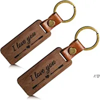 Engraved Letter Wood Keyring Pendant PU Leather Keychain Anniversary Rustic Key Decoration Luggage Bag Ornament RRB12258