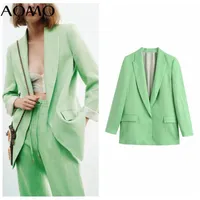 Damskie garnitury Blazery Aomo Women 2021 Fashion Green Line Blazer Płaszcz Vintage Long Sleeve Pockets Kobieta odzież zewnętrzna BE124A