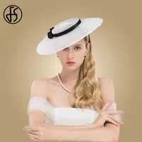 FS Church Hats Wide Brim Fascinator per Donne Elegante Bianco Lady Bow Bow Wedding Party Dress Fedoras 210608