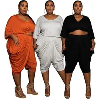 Women&#039;s Tracksuits Plus Size Women Clothing Wholesale Casual Fashion Solid Loose Crop Top Stacked Wide Leg Pants Two Piece Sets Summer Drop