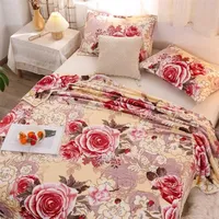 Bonenjoy Coperta di flannel per letto rosso fiore stampato letti singoli plaid queen mantos de cama decorativa copriletto per l'inverno 211227