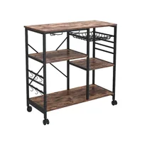 Amerikaanse voorraad keuken plank magnetron rack bord met 6 haken en 4 verwijderbare stop wielen, geschikt voor keuken / thuiskantoor / badkamer (bruin) A47