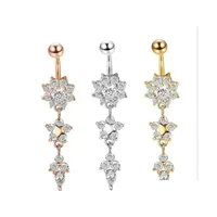 2021 New Indian Dangle Belly Bars Belly Button Gold Rings Belly Piercing Crystal Flower Body Jewelry Navel Piercing Rings