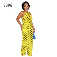 Women's Jumpsuits & Rompers SUWA Summer Women Dot Print High Waist Sashes Straight Long Jumpsuit Office Lady Back Hollow-out Pocket
