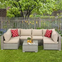 US Stock HiFine-Outdoor Garden Uteplats Möbel Set 7-Piece Pe Rattan Wicker Sectional Cushioned Sofa Sets med 2 kuddar och kaffe A57 A33