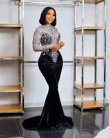 2022 Dubai Luxury Black Velvet Sirena Vestido de fiesta con cuentas Cristal Diamante Cumpleaños Vestidos de fiesta Nigeria Vestidos de Gala