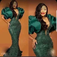 Elegant Green Prom Dresses with Puff Sleeves Beads Sequined Mermaid Evening Gowns Plus Size Special Occasion Party Dress for African Women Black Girls 2022 DD