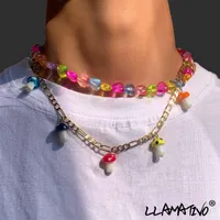 Chains Fashion Cute Rainbow Mushroom Heart Beads Choker Necklace For Women Boho Handmade Simple Beaded Chain Necklaces Jewelry Gift
