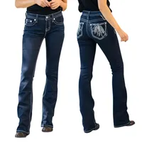 إمرأة كبير الحجم Bootcut تمتد الخصر جينز سليم مع تصاميم التطريز على جيب الظهر للنساء الملابس