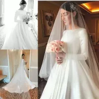 2022 Long Sleeves Wedding Dresses Bridal Gown A Line Scoop Neck Custom Made Sweep Train Plus Size Dubai Arabic Covered Buttons Back Vestido de novia