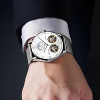 Lmjli - 돔 해골 tourbillon 기계식 시계 남자 자동 클래식 슬리버 화이트 스틸 기계식 손목 시계 Reloj Hombre M-1270D-7M