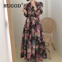 Casual Kleider Rugod Elegante Blumenkleid Frauen Mode Korean Puff Sleeve Großer Saum Langfrittierter Sommer Temperament Lond