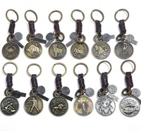 12 Constellation Keychain Cowhide Keychains Zodiac Keychains Rétro Chaîne Tissée Bronze Porte-clés pour cadeau d'anniversaire