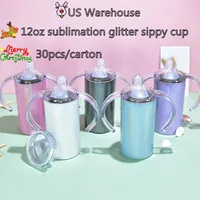 US warehouse 12oz Sublimation Tumblers Glitter Sippy Cup Straight Shimmer Tumbler Two Lids Stainless Steel Baby Cups Handle Double Wall Infant Milk Bottle
