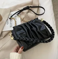 HBP 폴드 디자인 여성용 작은 PU 가죽 가방 꼰 어깨 스트랩 크로스 바디 어깨 핸드백 여행 체인 핸드백