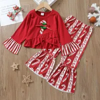Euro americano menina conjunto de roupas de natal manga comprida camiseta + calças de alargamento crianças roupas de dois pedaços