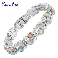 Escalus Women&#039;s Colorful Cat Eye Stones Magnetic Jewelry Bracelet For Women Silver Color Charm Health Bracelets Wristband 210609