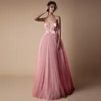 Casual Dresses Sexy Tulle Long Formal Dress 2021 Arrival Backless Court Train Flowers Blush A Line Special Occasion Prom Gowns Custom Made