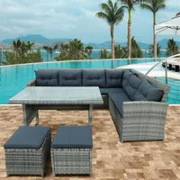 Topmax 6-bitars utemöbler möbler utomhus sektions soffa med glasbord ottomaner för pool bakgård gräsmatta US Stock A57