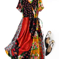 Shuchan Mulheres Dress Indie Folk 100% Natural Silk Mid-bezerro V-Pescoço Vestidos de Verão para Mulheres Party Roupas Mulheres 210508