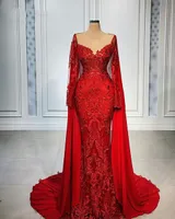 Vintage Red Evening Dresses Sheer Siatki Z Długim Rękawem Cape Zroszony Haft Vintage Koronki Syrenka Afryki Kobiet Prom Formalne Suknie