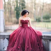 2021 New Burgundy Strapless Ball Gown Princess Quinceanera Dresses Lace Bodice Basque Waist Backless Long Prom Dresses