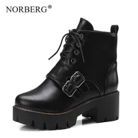 Boots NORBERG Autumn / Winter Rubber Sole Women Round Head Thick With British Wind Retro Belt Buckle Lace-Up Shoes