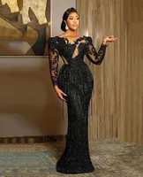 ASO EBI Arabski Plus Size Sukienki wieczorowe Czarny Luksusowy Syrenka Prom Dress Koronki Zroszony Tassel Sheer Neck Formal Party Druga Reception Suknie Robe de Mariée