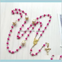 Roze plastic parel rozenkrans goud Jezus kruis hanger lange religieuze bid sieraden 9gooz kralen kettingen BX5HS