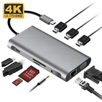10 in 1 USB 유형 C 허브 TO HD 4K VGA 어댑터 RJ45 LAN 이더넷 SD TF USB-C 3.0 Typec 3.5mm 잭 오디오 비디오 QY-BJA-02
