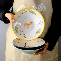 Bowls 8 Inch Ceramic Bowl Noodle Forest Animal Design Large Creative Restaurant Household Flower Dining Plates Sets