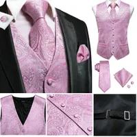 Men&#039;s Classic Pink Paisley Jacquard Silk Waistcoat Vest Handkerchief Cufflinks Party Wedding Tie Vest Suit Set