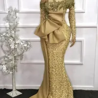 2022 Elegante afrikanische lange Ärmel Spitze Meerjungfrau Abendkleider Gold durch volle Ärmel Perlen Prom Kleider Robe de Soiree BC11139