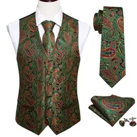 Erkek yelek takım elbise erkekler için yeşil sıska v yaka yelek ipek paisley kravat seti mendil manşetleri kırmızı kravat siyah barry.wang