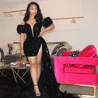 Glittrande svarta paljetter kort mimi prom klänningar 2021 sexig utanför axel peplum cocktail party klänningar blingbling kvinnor klubb ha på sig formell klänning arabisk