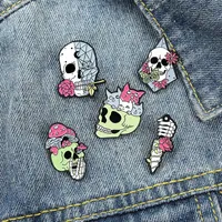 Rose Series Skull Mushroom Brooches Pins Alloy Painting Cat Flowers Collar Badge For Halloween Gift Skeleton Knapsack Clothes Wear Jewelry Accessories Wholesale