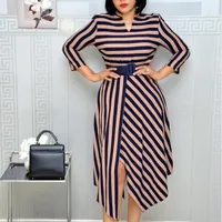 Casual Dresses AOMEI Elegant Striped Print Dress V-Neck Midi Female Clothing Office Lady Fashion Spring Autumn Outfit Large Size