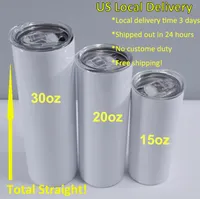 US Warehouse 15-30oz 승화 스트레이트 텀블러 짚 공백 스테인레스 스틸 광택 컵 물 병 이중 벽 진공 절연 머그잔 빠른 로컬 배달
