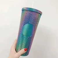 oz Durian 24 Personalized Starbucks Tumblers Iridescent Bling Rainbow Unicorn Studded Cold Cup Tumbler coffee mug with strawM050