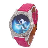 Armbanduhren Mode Glückliche Einhörner Cartoons Tier Damenuhr Analog Quarz Kristall Diamanten Leder Dame Student Armbanduhr Geschenke L40B