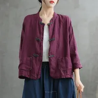 女性のジャケット女性の中華風長袖シャツとスタンド刺繍リネンブラウス2021スプリングボタンFT233のためのトップス